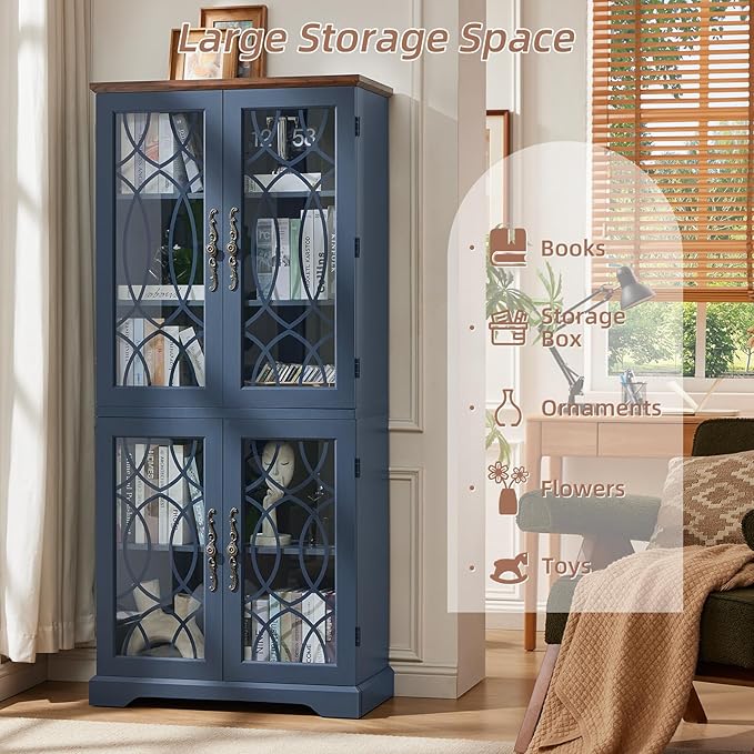 67" Tall Bookshelf, Vintage Book Shelf with Glass Doors, 5-Tier Wood Bookcase w/Adjustable Storage Shelves, Freestanding Rustic Curio Display Cabinet for Living Room,Office,Navy Blue, 2PCS