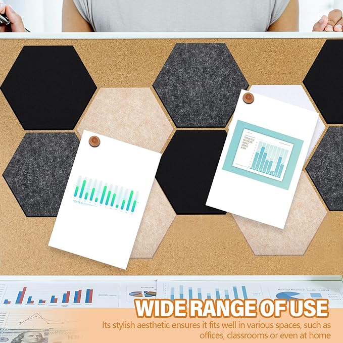 16 Pcs Hexagon Cork Board for Walls with 50 Wooden Push Pins 6.7 x 5.9 in Felt DIY Tiles Notice with Nano Tape Hanging Bulletin Board for Home Photo Office Memo Note(Classic Colors)
