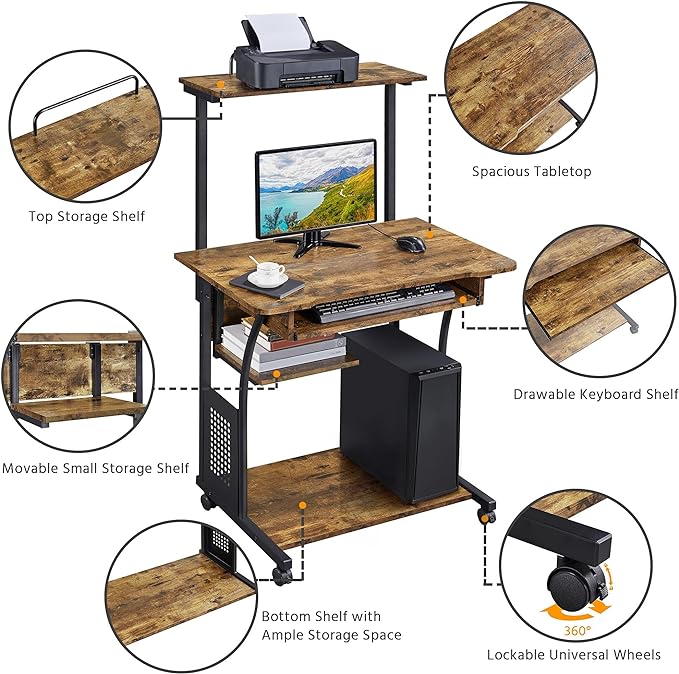 Topeakmart Retro Computer Desk on Wheels Mobile Computer Desk with Printer Shelf and Keyboard Tray, 3 Tiers Home Office Desk with Storage for Small Space, Compact Computer Workstation, Rustic Brown
