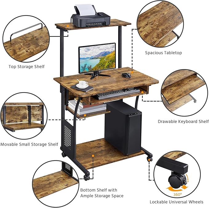 Yaheetech 3 Tiers Rolling Computer Desk with Keyboard Tray and Printer Shelf for Home Office, Mobile Computer Desk for Small Space, Retro Computer Table Compact PC Laptop Workstation, Rustic Brown