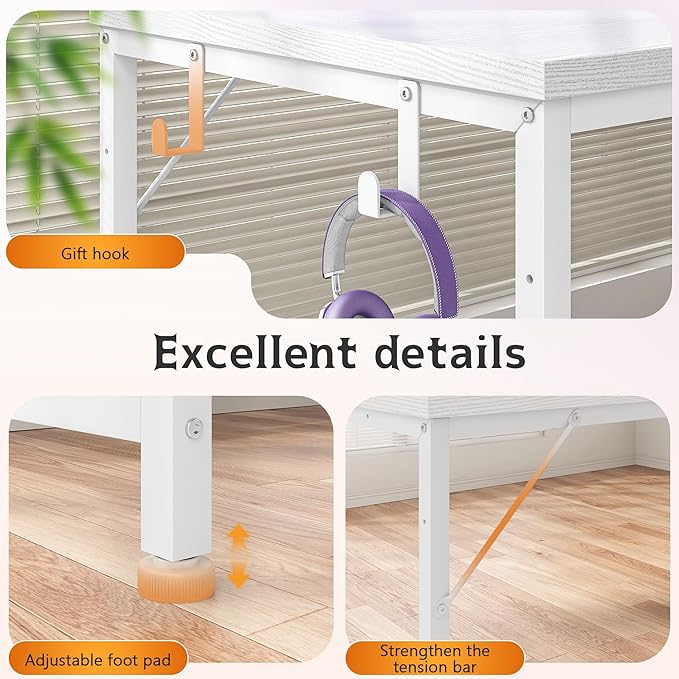 56 Inch White Desk with Drawers & Shelf to Storage,Computer Desk with Power Outlet & LED Lights,Reversible Office Desk with Hooks for Headphone,Bags,Desk for Bedroom,Dorm,Teens Study Room