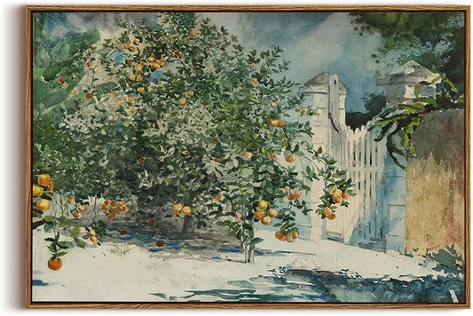 OIQArtOIQ Framed Vintage Landscape Wall Art Orange Trees Still Life Oil Painting Canvas Prints Country Farmhouse Aesthetic Decor Pictures for Kitchen Bedroom Living Room Bathroom