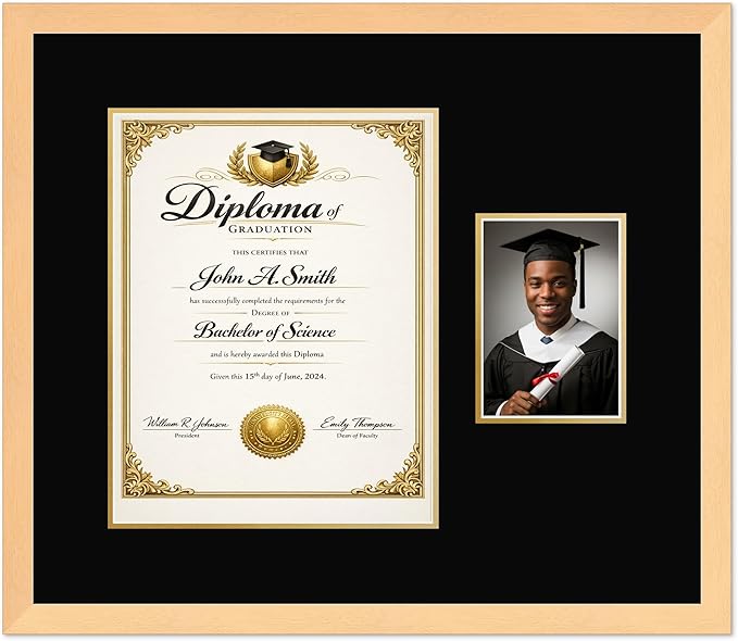 CountryArtHouse Fits 11 x 14 College Diploma (Portrait) and 5 x 7 Photo Diploma and Photo Frame Natural Wood Genuine Hardwood with Black Over Metallic Gold Double mat