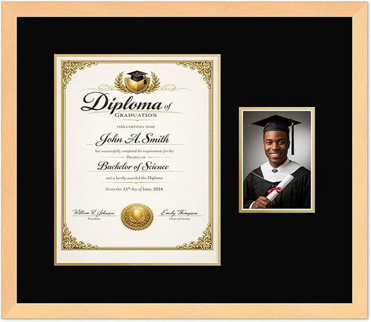 CountryArtHouse Fits 11 x 14 College Diploma (Portrait) and 5 x 7 Photo Diploma and Photo Frame Natural Wood Genuine Hardwood with Black Over Metallic Gold Double mat