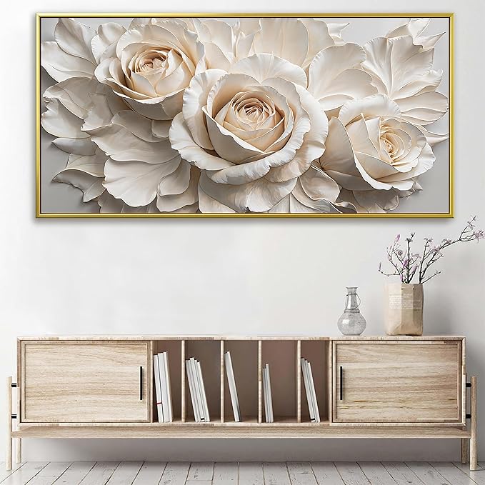 QSQ Large Gold Framed Wall Art For Living Room Home Wall Decor Modern Canvas Art Wall Decor 29 X 58 Inches White Flower Wall Art Elegant Picture For Bedroom Hotel Office Artwork