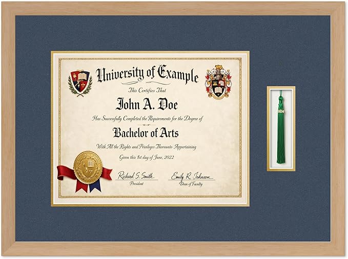CountryArtHouse Diploma and Tassel Frame Fits 14 x 11 College Diploma (Modern) with Tassel Natural Wood Genuine Hardwood Shadowbox with Navy Blue Over Metallic Gold Double mat