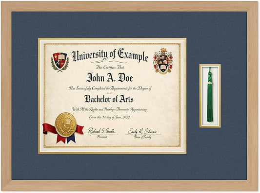 CountryArtHouse Diploma and Tassel Frame Fits 14 x 11 College Diploma (Modern) with Tassel Natural Wood Genuine Hardwood Shadowbox with Navy Blue Over Metallic Gold Double mat