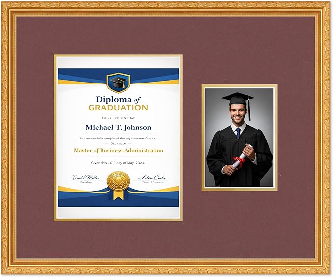 Diploma Frame With Photo Opening Museum Gold Dark Red Over Gold Mat - Fits 8.5 x 11 Degree and Picture Made in the USA