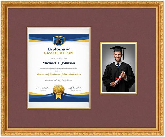 Diploma Frame With Photo Opening Museum Gold Dark Red Over Gold Mat - Fits 8.5 x 11 Degree and Picture Made in the USA