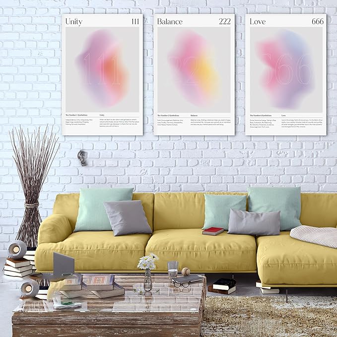 Colorful Gradient Aura Angel Numbers Poster Canvas Print Artwork Room Decor for Bedroom Aesthetic, 3 Piece Framed Inspirational Minimalist Art Paintings Decor for Bedroom Office 24"x36" x 3 Pcs