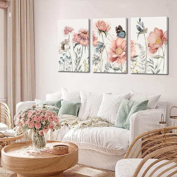 3pcs Pink Peony Floral Canvas Wall Art Butterfly Blossom Wall Decor Pictures Watercolor Bouquet Posters Prints For Living Room Classroom Bedroom Decoration Prepare To Hang