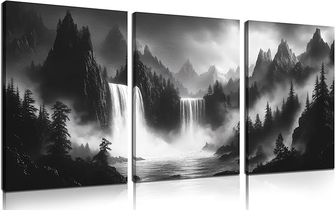 Foggy Forest Wall Art for Living Room - Mountains Canvas Wall Art for Office - Black and White 3 Piece Wall Decor Size 12" x 16"