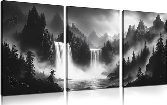 Foggy Forest Wall Art for Living Room - Mountains Canvas Wall Art for Office - Black and White 3 Piece Wall Decor Size 12" x 16"