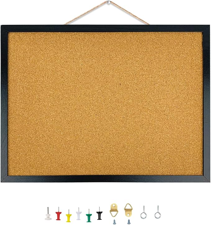 Black Cork Bulletin Board, 15.7 X 12 Inches with Oak Wood Finish Frame, Wall Mounted for Office Home and School(Pins, Eye Bolts, gaskets, Screws)