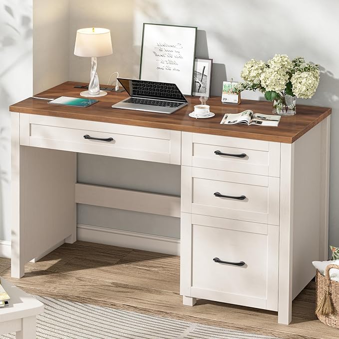 Farmhouse 47" Executive Desk, Computer Desk with File Drawer and Charging Station, Workstation for Home Office, Study.（Unique White）