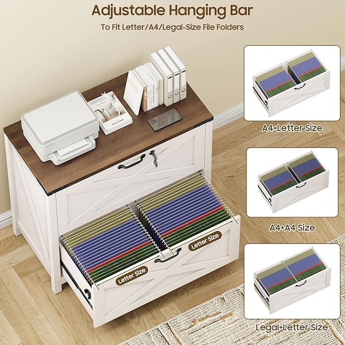 Lateral File Cabinet with 2 Large Drawers, Farmhouse File Cabinet with Lock for Letter/Legal/A4 Size Hanging Files, Wood File Storage Cabinets Printer Stand for Home Office Cabinets, White and Brown