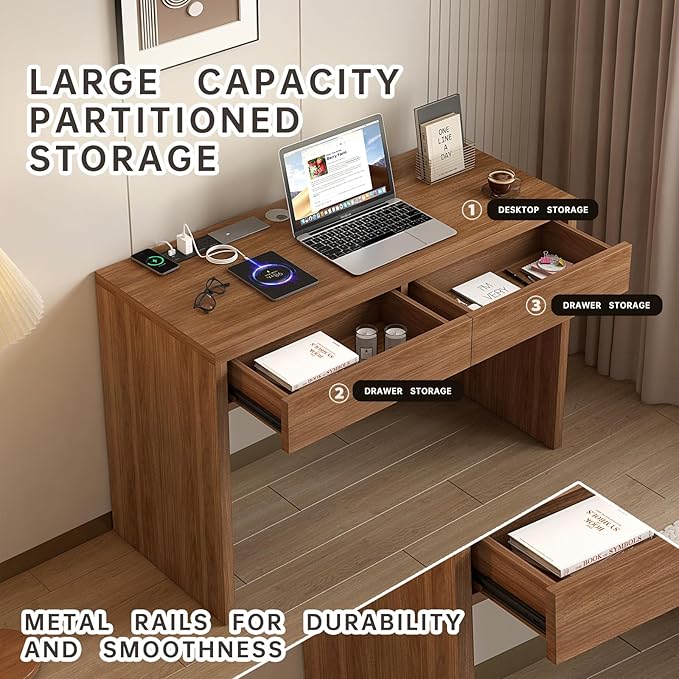 47-Inch Computer Desk with Pull-Out Outlet, Home Office Desks with 2 Sturdy Drawers, Writing/Gaming/Work/Study Desk for Bedroom, Living Room Brown