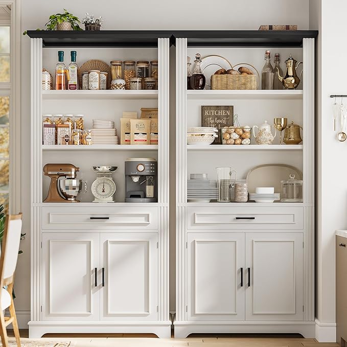 SEDETA Farmhouse Bookshelves and Bookcases with Doors and Drawer, Bookshelf with Storage, Floor Standing 6 Shelf Display Storage Shelves 70 in Tall Bookshelf for Home Office, Living Room, White