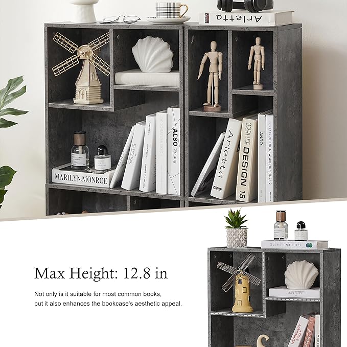 VECELO 3-Cube Open Bookcase, Small Bookshelf with Height Difference Shelves for Most Books, Horizontal Available, 2-Tier Storage Organizer for Home Office, Living Room, Grey