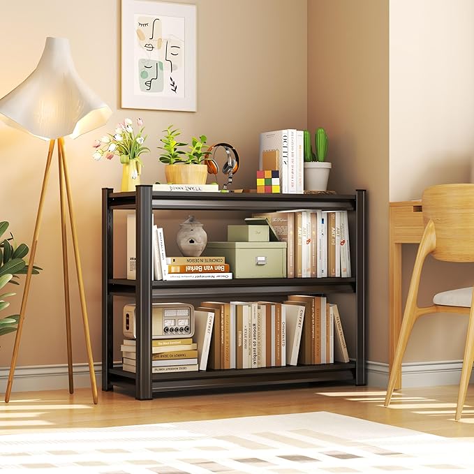 28" W*32" H Book Shelf，3 Tier Metal Wide Bookshelf，Heavy Duty Book Shelfs，Adjustable Shelving Unit，Short Bookcase，Industrial Bookshelf for Living Room，Bedroom，Office and Library