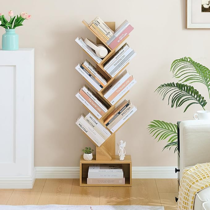 Hoctieon 9 Tier Tree Bookshelf, Tall Bookcase with Drawer, Wood Book Shelf, Modern Floor Standing Bookshelves, Book Organizer Shelves for Bedroom, Living Room, Home Office, Yellow