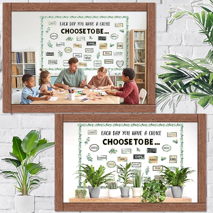 Eucalyptus Motivational Bulletin Board Set Greenery Decoration for Classroom Inspirational Posters Choose to Be Positive Accent Cutouts Eucalyptus Bulletin Boards for Teachers School Wall Supplies
