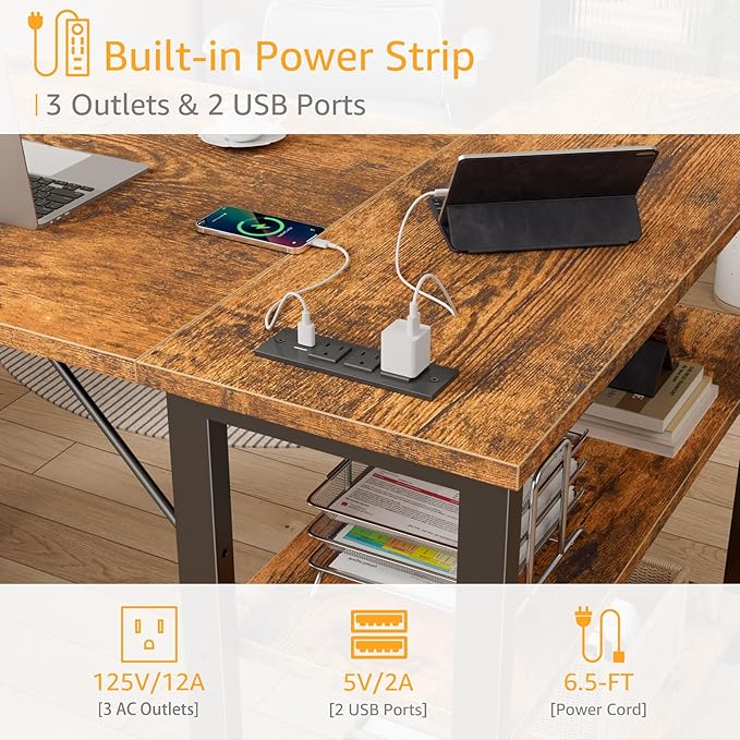 DLisiting L Shaped Computer Desk with Drawers - 47 Inch Corner Office Reversible Desk with Storage Shelves Power Outlet, Home Office Desks L-Shaped with Fabric Drawer for Teen Girls, Rustic Brown