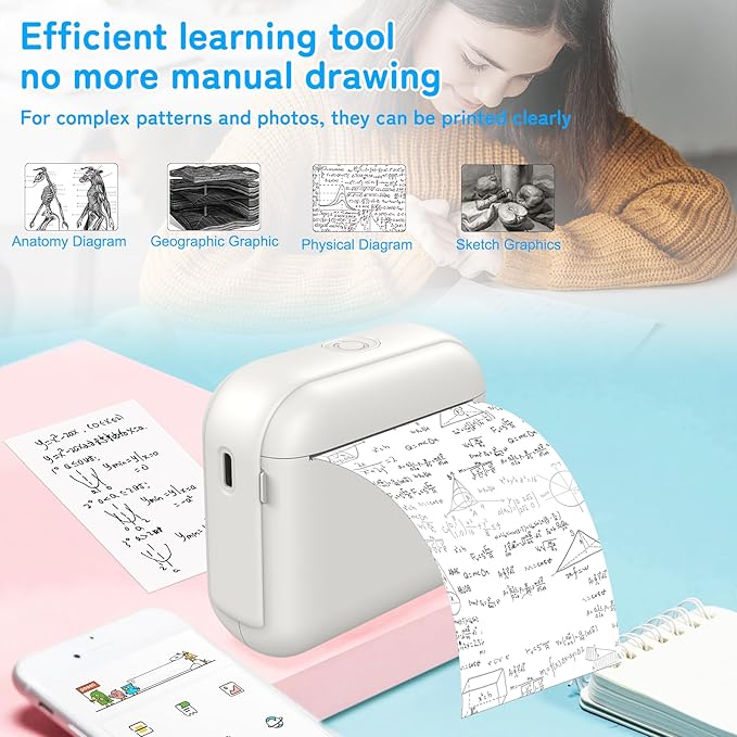 Print Pods Mini Sticker Printer Machine, Portable Bluetooth Thermal Printer with 13 Rolls Paper, Sticker Maker for Kids, Impresora Portátil for Notes, Journal, DIY, Gift, Home, School, Office