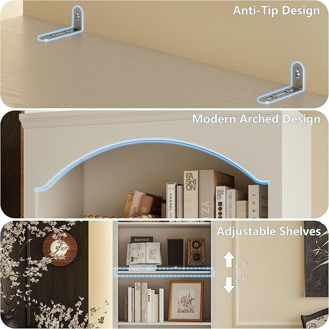 71" H Tall Bookshelf & Bookcase, Farmhouse Arched Book Shelf with 5-Tier Open Shelves, Wooden Bookcase Freestanding Display Bookshelves for Bedroom, Living Room, White