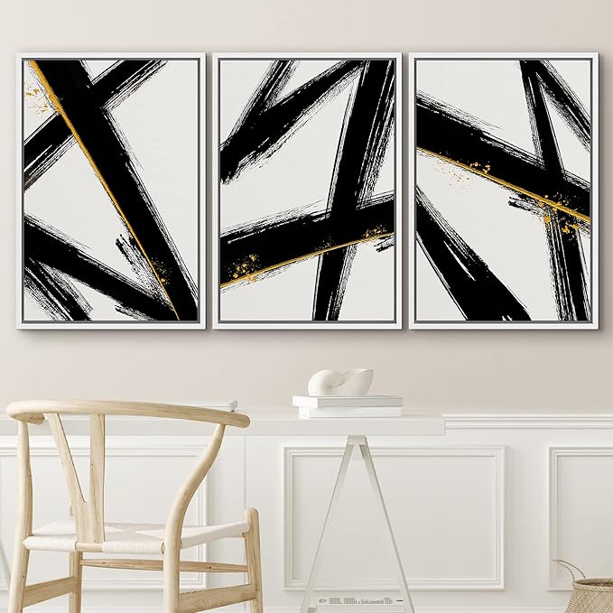 IDEA4WALL Framed Canvas Print Wall Art Set Black Gold Geometric Graffiti Paint Stripes Abstract Shapes Illustrations Modern Art Contemporary for Living Room, Bedroom, Office - 24"x36"x3 White