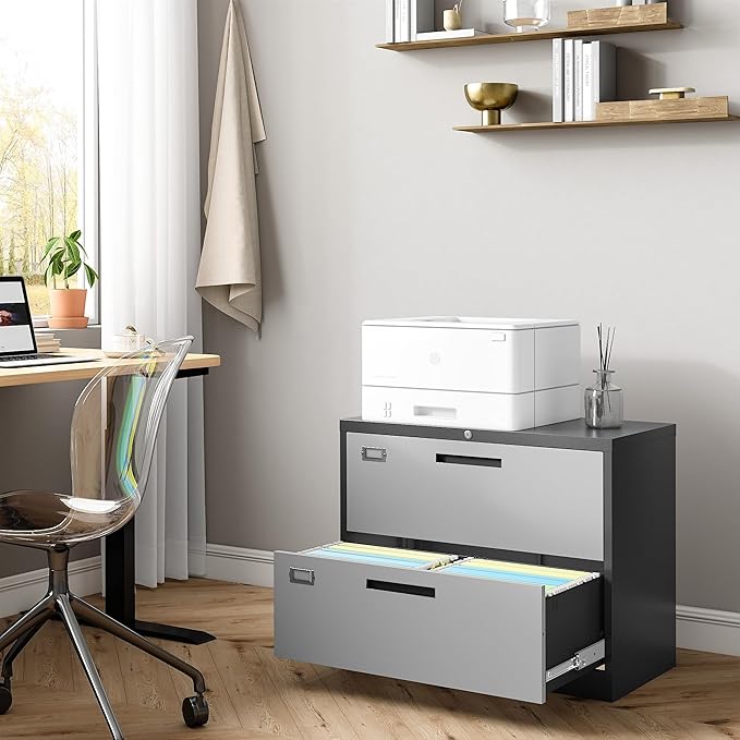 Lateral File Cabinet with Lock, 2 Drawer Metal Filing Cabinet, Lateral Filing Cabinet with Lock for Home Office, Locking Metal Steel Wide File for Legal/Letter A4 Size