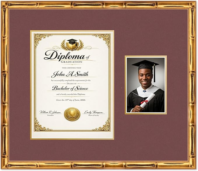 CountryArtHouse Fits 10 x 13 College Diploma (Portrait Traditional) and 5 x 7 P Diploma and Photo Frame Gold Bamboo Genuine Hardwood with Dark Red Over Metallic Gold Double mat