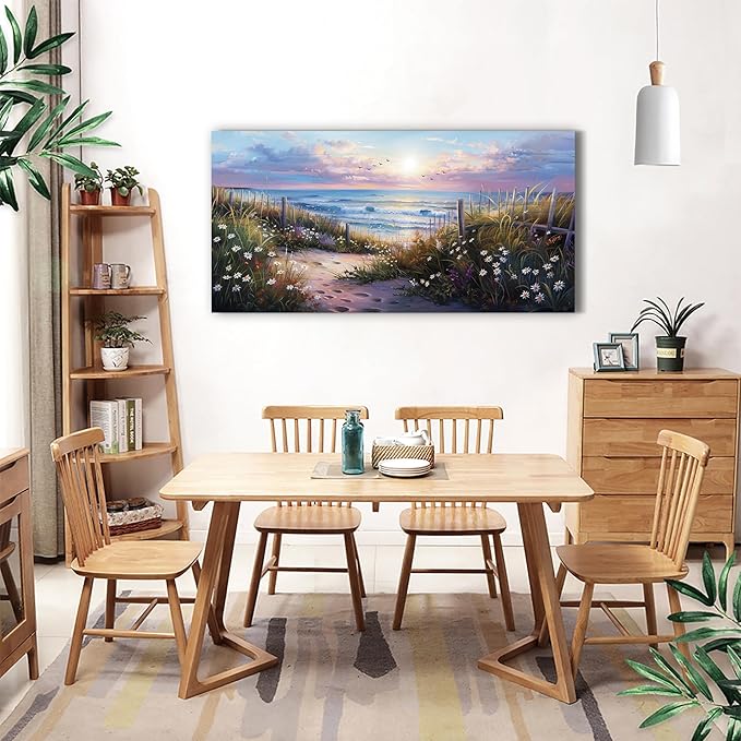 hyidecorart Blue Ocean Artwork Pictures Canvas Wall Art For Living Room Wall Decor For Bedroom Flower Beach Scenery Wall Painting Framed for Office Hotel Wall Decor Modern Posters Home Decorations