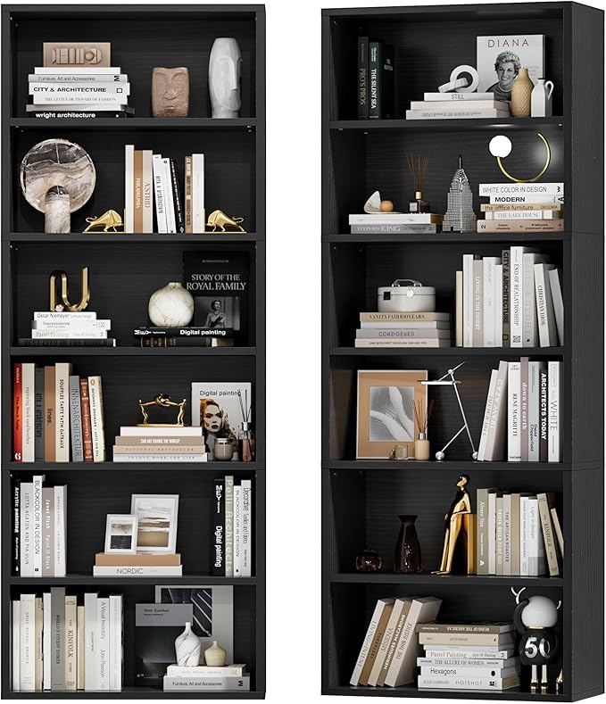 Furniwell 71" Tall Bookcase Bookshelves, 6 Tier Floor Standing Bookcases Open Frame, Modern Display Storage Organizer for Home Office, Living Room, Bedroom, Study Room (Black, 2 Pcs)