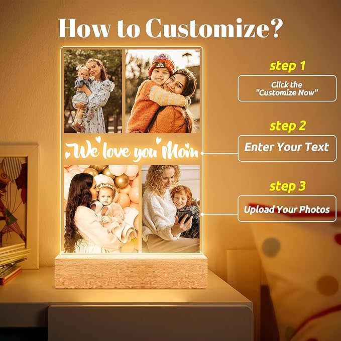 Personalized Picture Frame with Night Light, Custom Photo Frame with Photos, Customized Gifts for Mom Girls Boys, Personalized Birthday Gifts for Mom, Kids, Baby, Family