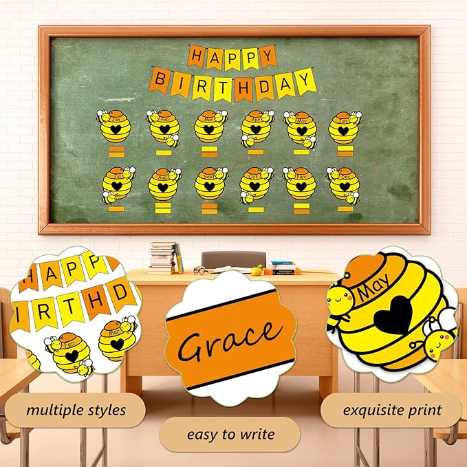 JarThenaAMCS 85Pcs Bee Birthday Bulletin Board Decorations Set Bees Hives Birthday Calendar Poster Honeycomb Paper Cutouts Party Supplies for Teacher Students Back to School Classroom Wall Decor