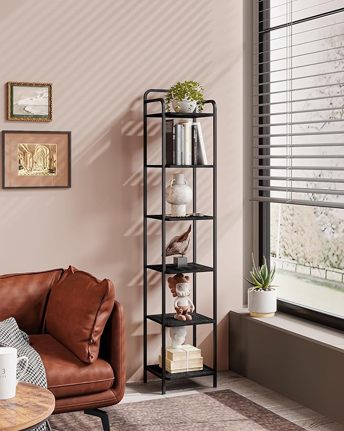 Bookcase Bookshelf, Narrow Book Shelf, Industrial Corner Shelf Storage Organizer, Slim Shelving Unit for Home Office, Living Room, Bedroom, Kitchen, 6-Tier Black BC24604B