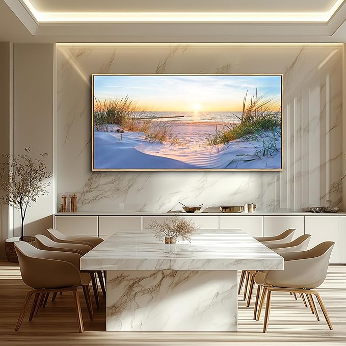MHARTK66 Canvas Prints Wall Art Beach Sunrise Ocean Waves Beach Grass Nature Pictures Coastal Wall Decor Stretched Canvas Wooden Framed for living Room Bedroom and Office Home Decoration 24"x48"