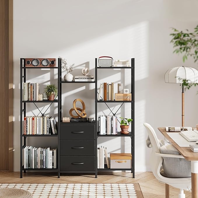 Triple Bookshelf with 3 Fabric Drawers, 4-Tier Book Shelf and 10 Display Shelves, Industrial Large Bookcase for Home & Office, Black, 47'' Wide