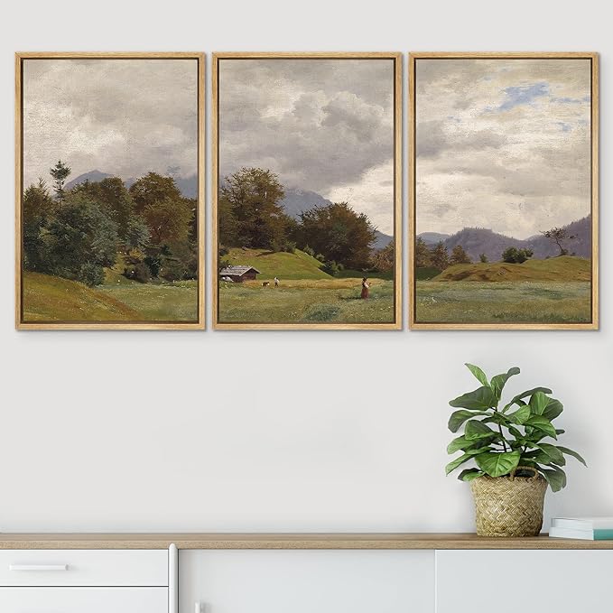 SIGNWIN Framed Canvas Print Wall Art Woodland Nursery Decor Set Storm Cloud Pastoral Farm Landscape Nature Abstract Fine Art Nordic for Living Room, Bedroom, Office - 16"x24"x3 Natural