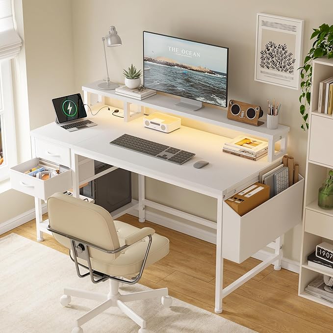 40" Computer Desk with LED Strip, Gaming Desk with Drawers & Storage Bag, Office Desk with Power Outlets & Monitor Stand, Home Office Desks for Bedroom, Gaming Room, White