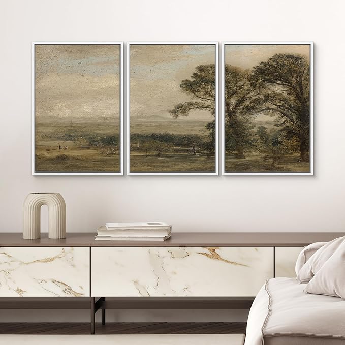SIGNWIN Framed Canvas Print Wall Art Set Vintage Countryside Landscape Classic Pastoral Scenery Illustrations Modern Art Decorative Abstract for Living Room, Bedroom, Office - 24"x36"x3 White