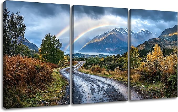 Landscape Canvas Wall Art 3 Pieces Winter Rainbow Forest Defoliation Mountain Picture Print Scenery Theme Poster Painting Artwork for Modern Home Living Room Office Stretched and Framed [72''Wx 36''H]