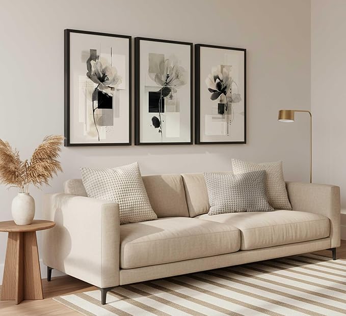 3Pcs Modern Abstract Floral Canvas Wall Art Minimalist Neutral Beige And Black Flower Botanical Painting Picture Wall Decor Poster Print Artwork for Living Room Bedroom Home Decoration Unframed