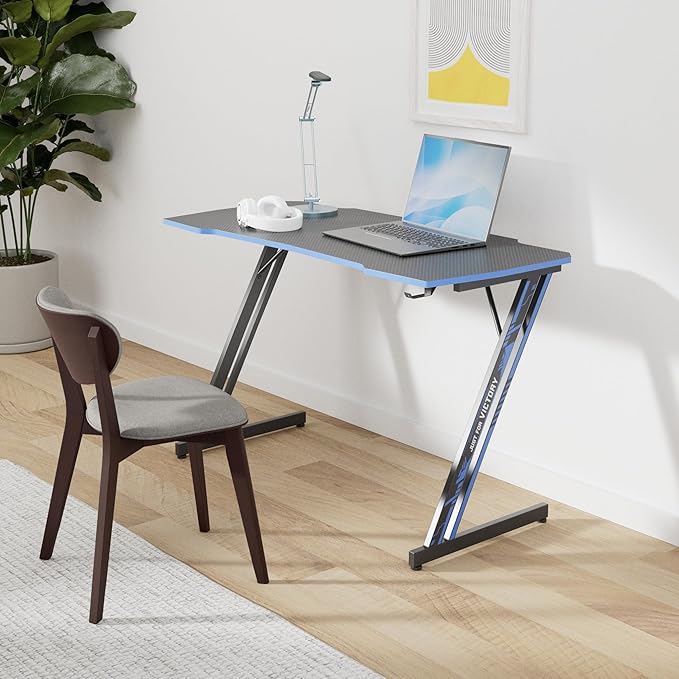 PayLessHere | 47" Gaming Table | Blue | Z-Shaped Computer Desk with Steel Frame, Headphone Hook, Adjustable Feet | Carbon Fiber Texture Surface, Sweat & Waterproof | for Gaming, Home Office
