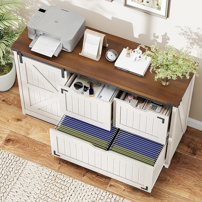 Vabches 47.8” Farmhouse Lateral File Cabinet with Sliding Barn Door, 3 Drawers Filing Storage Cabinets with Adjustable Shelf, Office Printer Stand for Hanging Files Letter/Legal/F4/A4.