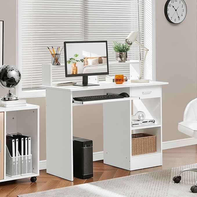 Yaheetech Home Office Wood Computer Desk with Keyboard Tray and Drawers, Students Writing Table with Storage Drawers & Hutch, Modern PC Laptop Desk, Multifunctional Workstation, White