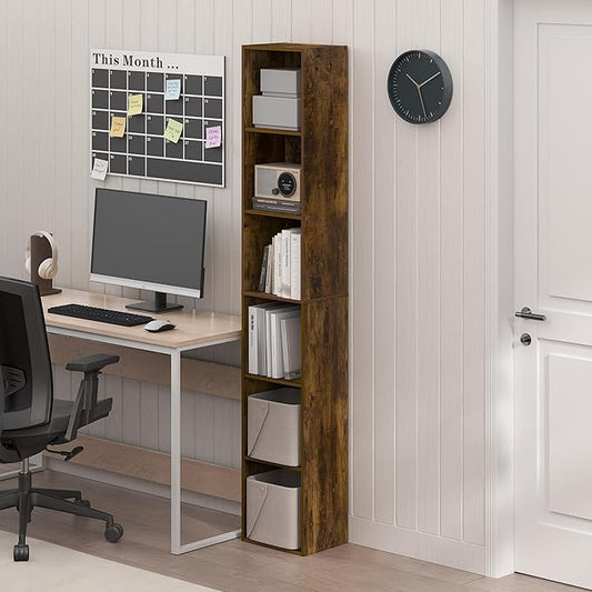 Furinno PASIR Book Shelf, 6-Tier Bookcase, Tall Standing Bookshelf, Open Storage Shelf, 9.4 x 12 x 71 Inches, for Home Office, Living Room, Amber Oak