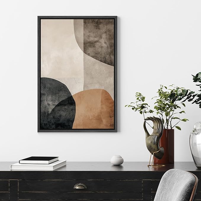 SIGNFORD Framed Canvas Print Wall Art Semi-Abstract Neutral Toned Shapes Illustrations Digital Art Modern Art Decorative Multicolor Rustic Minimal for Bedroom - 24"x36" Black