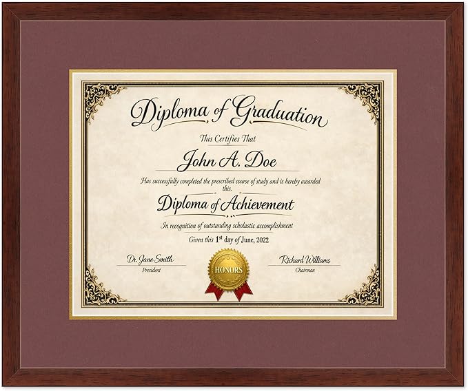Diploma Frame Rustic Walnut with Dark Red Over Gold Double Mat - Fits 17 x 13 International Diploma Wall Display Made in the USA